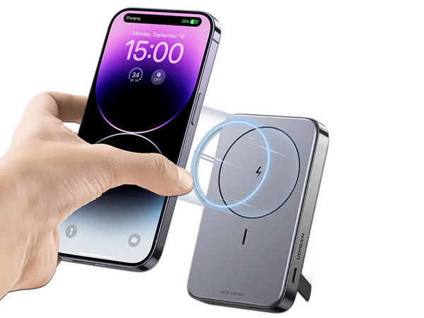 Batería Portátil Recargable UGREEN MagSafe, PowerBank de 10,000 mAh, Carga Inalámbrica 25W y por Cable USB-C. Color Gris.