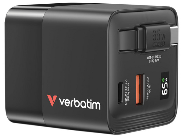 Cargador Verbatim, 65W, 2x USB-C, 1x USB-A, Carga rápida, 100V-240V, Negro.