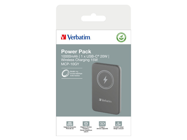 Cargador, Verbatim, Charge and Go Magnético Inalámbrico Power Bank 10000 mAh, Color Gris.