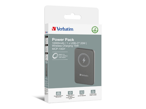 Cargador, Verbatim, Charge and Go Magnético Inalámbrico Power Bank 10000 mAh, Color Gris.