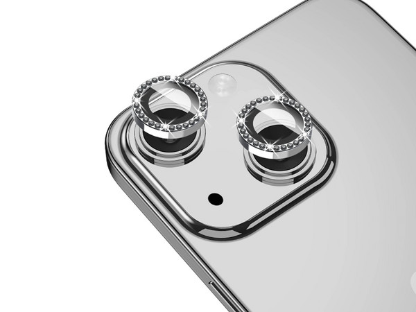 Protector de cámara MyBat GlamCam RIP15SCLE201 de vidrio para iPhone 15 y 15 Plus con brillos. Color Plata.