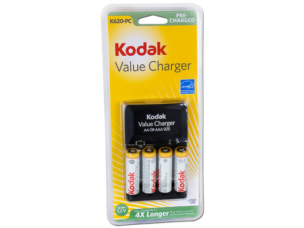 Cargador de pilas AA y AAA Kodak. Incluye 4 pilas recargables precargadas Ni-MH AA