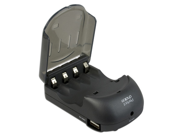 Alimentador de Corriente Portátil Perfect Choice Cargador de baterías AA/AAA incluye 4 baterías AA y Cargador para Auto