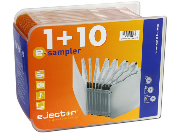 E-Sampler de 10 e-slimcases con e-clip Ejector para almacenar CDs/DVDs. Color Naranja