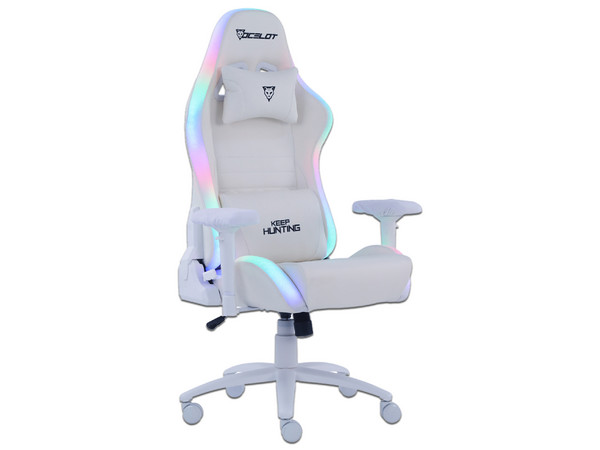 Silla Gamer Ocelot White Thundra RGB, Reclinable, Cojín Lumbar y Cervical, Descansa brazos Ajustable 4D, Soporta hasta 150kg. Color Blanco.