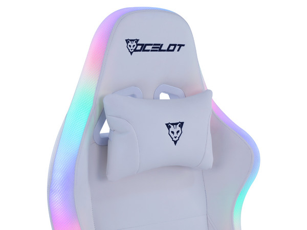 Silla Gamer Ocelot White Thundra RGB, Reclinable, Cojín Lumbar y Cervical, Descansa brazos Ajustable 4D, Soporta hasta 150kg. Color Blanco.