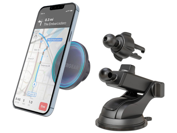 Soporte magnético HyperGear 15701 para smartphone con montaje en tablero vidrio o ventilación.