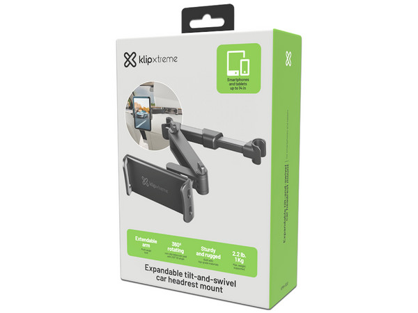 Soporte Klip Xtreme KMH-500 para smartphones y tablets con montaje en asiento brazo articulado compatible con dispositivos de hasta 14