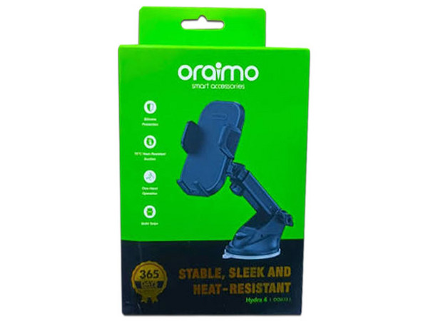 Soporte Para Smartphone Para Automovil Oraimo Hydra 4, Soporta Dispositivos de 55 mm a 95 mm, Rotación 360 Grados. Color Negro.