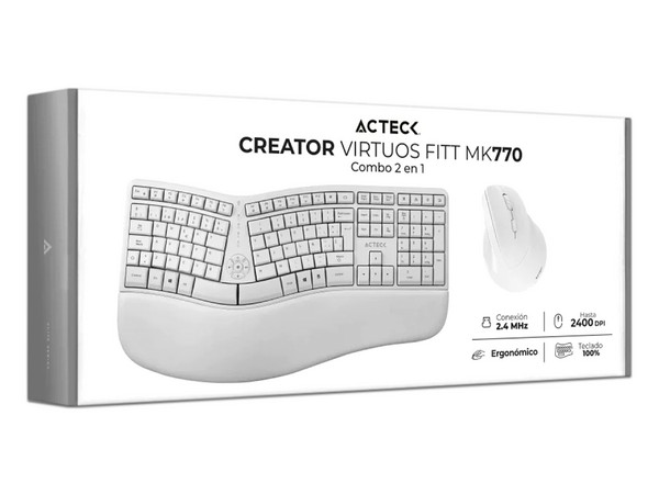 Kit de Teclado y Mouse Creator Virtuos FITT MK770, Inalámbrico, Ergonómico, Color Blanco.