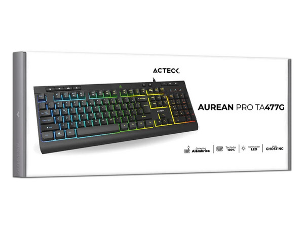 Teclado Alámbrico Led AUREAN PRO TA477G, Acteck Advanced Series, Iluminación LED, Color Negro.