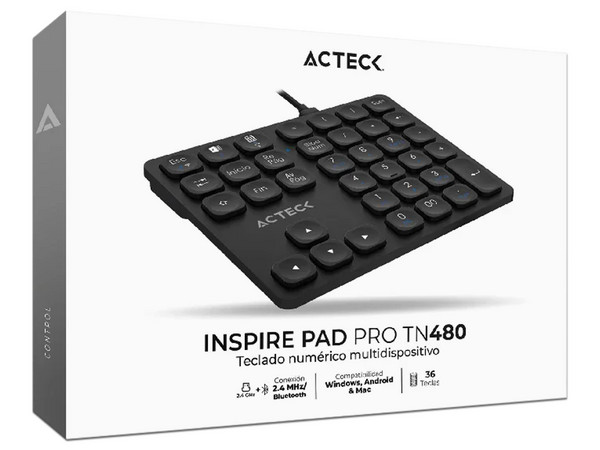 Teclado Numérico Acteck Inspire Pad Pro TN480, Bluetooth, Receptor USB, Batería Recargable, Color Negro.