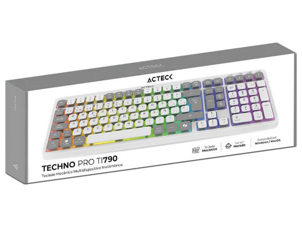 Teclado Inalámbrico Acteck Techno PRO TI790 RGB, Conexión USB, 2.4Mhz, Bluetooth. Color Blanco