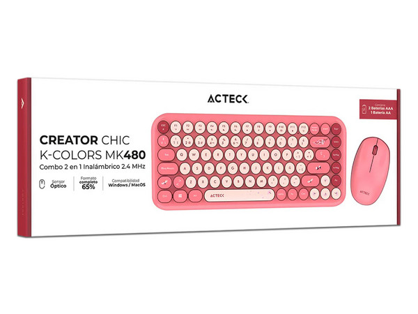 Kit de Teclado y Mouse Acteck Creator Chic K-Colors MK480, Receptor USB, Color Rosa.
