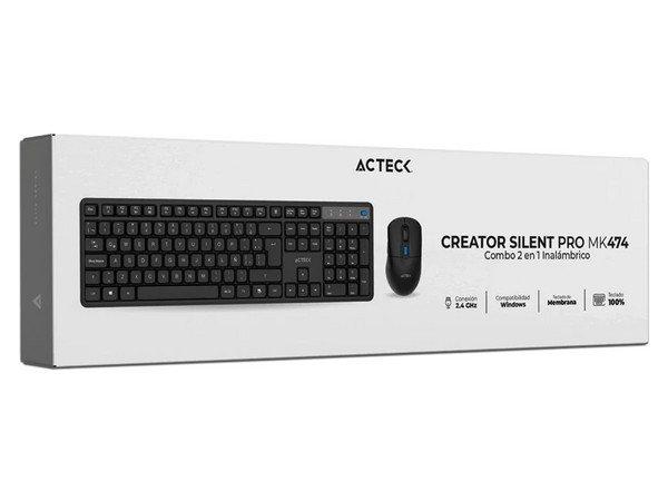 Kit de Teclado y Mouse Óptico Inalámbricos Acteck Creator Silent Pro MK474, Receptor USB, (Versión en Español), Color Negro.
