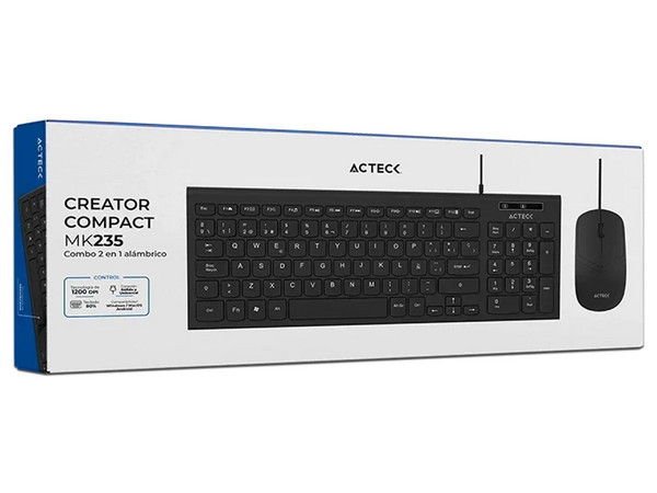 Kit Teclado y Mouse Acteck Creator Compact MK235, Tipo Membrana, 1200 DPI, Cable USB de 1.2m. Color Negro.