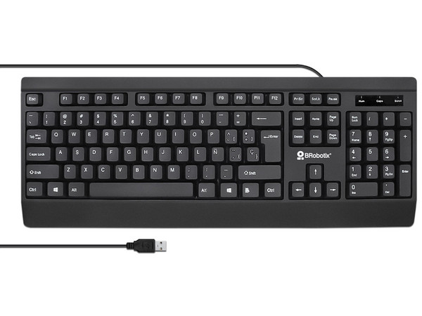 Teclado Alámbrico BRobotix 6007181, Antiderrames, USB, Color Negro.