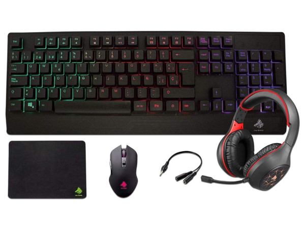 Kit Gamer Eagle Warrior Rhino, con Teclado, Mouse, Mousepad, Audífonos y Divisor de audio 3.5mm.