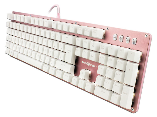 Teclado mecánico Gamer Game Factor KBG400 con teclas retroiluminadas, Switch KRED Azul, USB. Color Rosa.