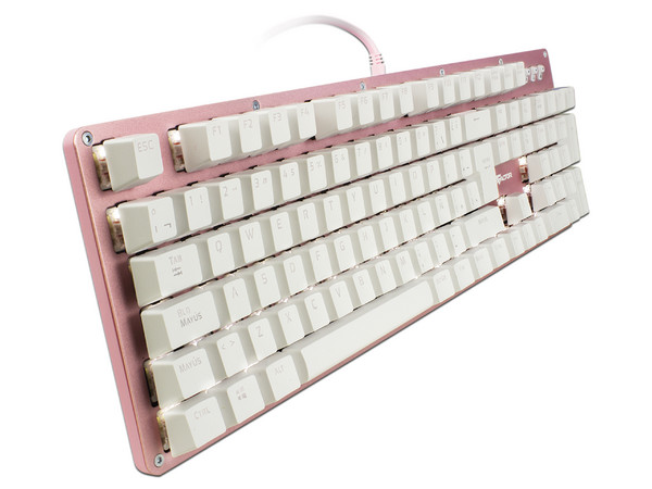 Teclado mecánico Gamer Game Factor KBG400 con teclas retroiluminadas, Switch KRED Azul, USB. Color Rosa.