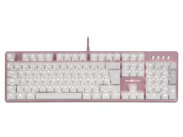 Teclado mecánico Gamer Game Factor KBG400 con teclas retroiluminadas, Switch KRED Azul, USB. Color Rosa.