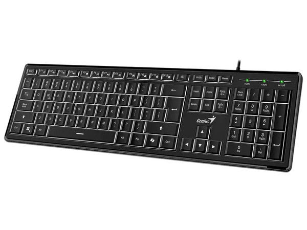 Teclado Alambrico Genius SlimStar 820, 19 Teclas Especiales, Retro-Iluminado, USB de hasta 1.8m, Color Negro.