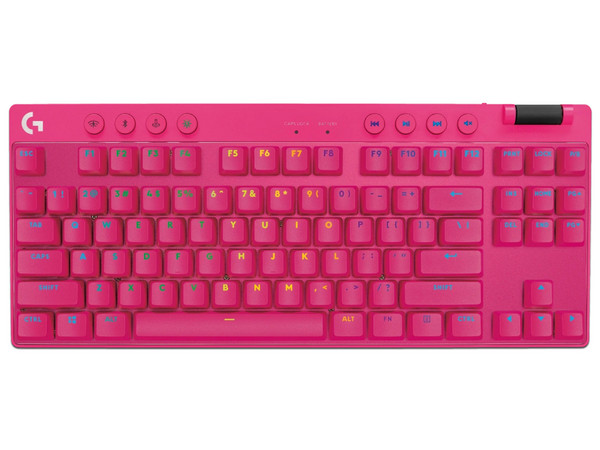 Teclado mecánico Logitech PRO X 2 TKL Magenta, interruptores intercambiables, RGB, USB-C, diseño compacto sin teclado numérico.