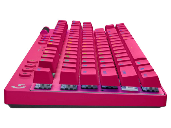 Teclado mecánico Logitech PRO X 2 TKL Magenta, interruptores intercambiables, RGB, USB-C, diseño compacto sin teclado numérico.