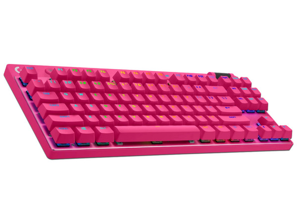 Teclado mecánico Logitech PRO X 2 TKL Magenta, interruptores intercambiables, RGB, USB-C, diseño compacto sin teclado numérico.