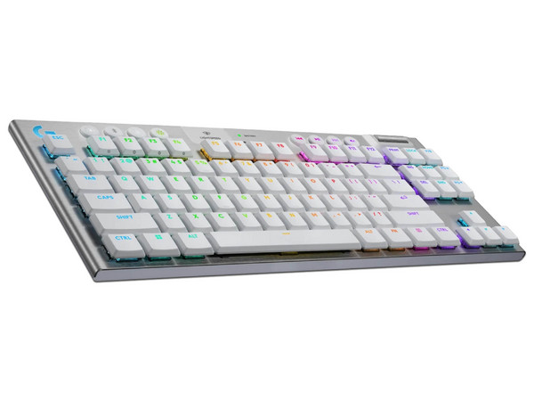Teclado mecánico Logitech G915 X LightSpeed TKL Blanco, switches mecánicos GL, RGB, conexión inalámbrica Lightspeed, diseño compacto sin teclado numérico.