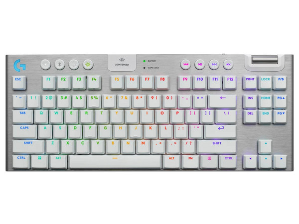 Teclado mecánico Logitech G915 X LightSpeed TKL Blanco, switches mecánicos GL, RGB, conexión inalámbrica Lightspeed, diseño compacto sin teclado numérico.