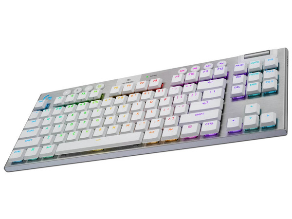 Teclado mecánico Logitech G915 X LightSpeed TKL Blanco, switches mecánicos GL, RGB, conexión inalámbrica Lightspeed, diseño compacto sin teclado numérico.