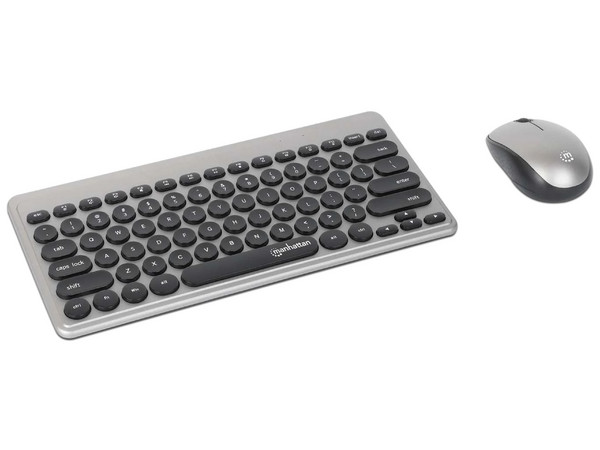 DUPLICADO Teclado y Mouse Manhattan Óptico Inalámbrico mini en color negro y plata, teclado compacto con teclas de bajo perfil, mouse óptico ergonómico, conexión 2.4 GHz.