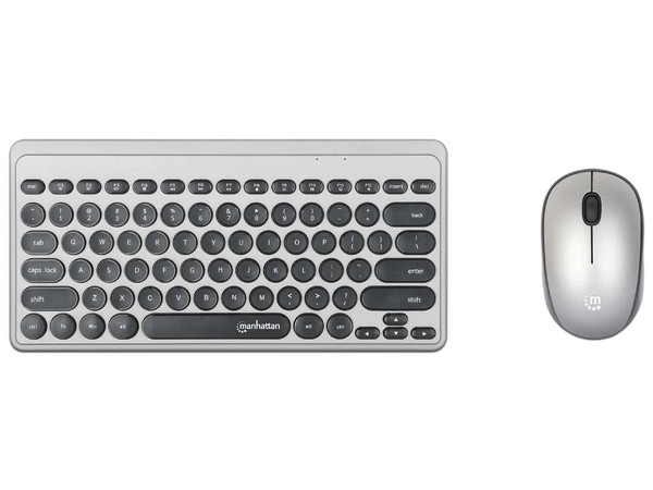 DUPLICADO Teclado y Mouse Manhattan Óptico Inalámbrico mini en color negro y plata, teclado compacto con teclas de bajo perfil, mouse óptico ergonómico, conexión 2.4 GHz.