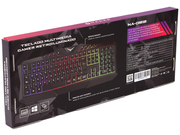 Teclado multimedia Gamer Naceb Na-0912, retroiluminado, USB. Color Negro. (Versión en Español)