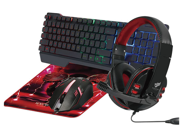 Kit Gamer Necnon NGC-PEGASUS, Audífonos Tipo Diadema con Micrófono, Teclado con Iluminación LED, Mouse de 1000 dpi, Mouse Pad Color Rojo.