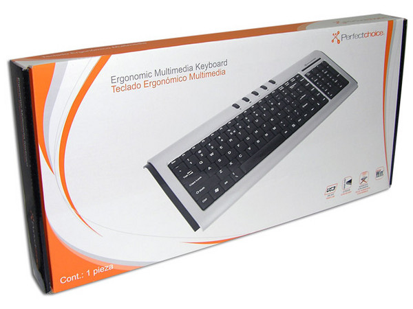 Teclado Perfectchoice Multimedia Ergonómico, USB. Color Negro/Plateado