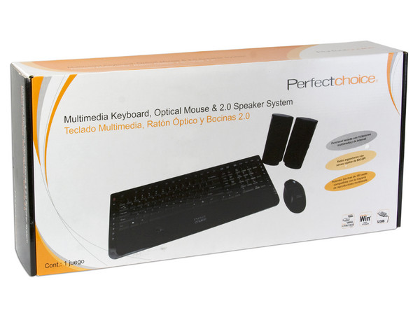 KIT Perfect Choice de Teclado Multimedia, Mouse Óptico y Bocinas. Color Negro/Plateado