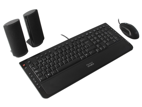 KIT Perfect Choice de Teclado Multimedia, Mouse Óptico y Bocinas. Color Negro/Plateado