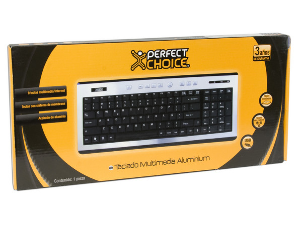 Teclado Perfect Choice Multimedia Aluminium, USB. Color Negro/Plateado