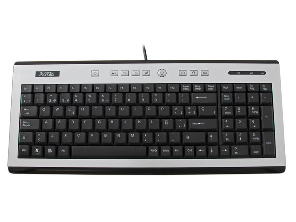 Teclado Perfect Choice Multimedia Aluminium, USB. Color Negro/Plateado