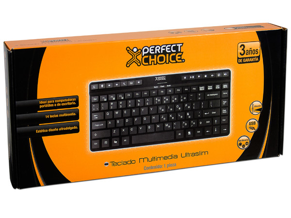 Teclado Perfectchoice Multimedia Ultraslim, USB. Color Negro