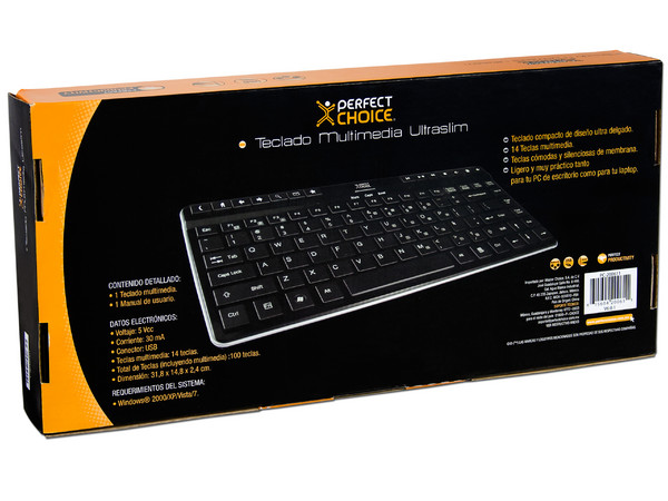 Teclado Perfectchoice Multimedia Ultraslim, USB. Color Negro