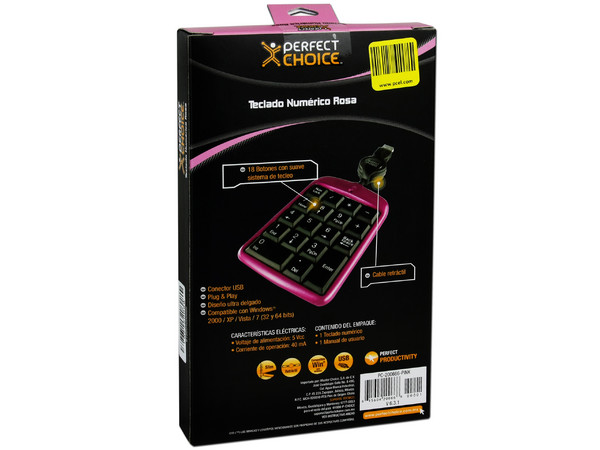 Teclado Numérico Perfect Choice, retráctil, USB. Color Rosa