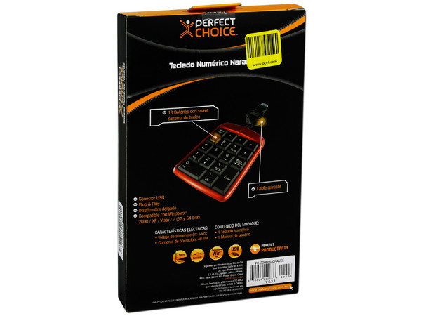 Teclado Numérico Perfect Choice, retráctil, USB. Color Naranja 