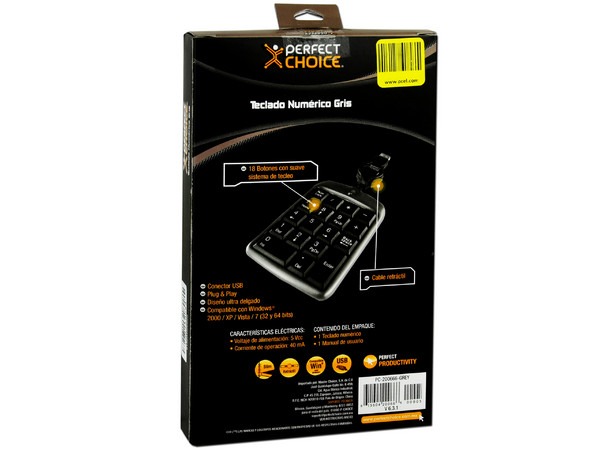 Teclado Numérico Perfect Choice, retráctil, USB. Color Gris