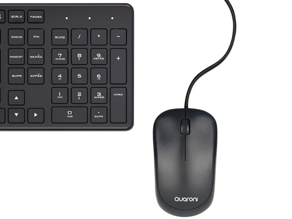 Teclado y Mouse Quaroni KAQ01, USB, Español. Color Negro.