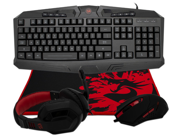Kit Gamer Redragon S101-BA que incluye:
Teclado de membrana Harpe pro K03A RGB,
Mouse Centrophorus RGB M601,
Mouse Pad Archelon M P001,
Audifonos Ares H120. Color negro con rojo.