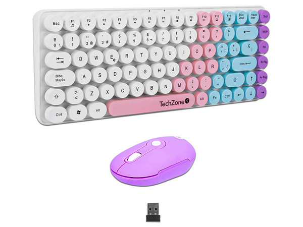 Kit Teclado Y Mouse Techzone Gradient Conexión Inalámbrica Con 85 Teclas Y Mouse Con 4 Botones DPI 1600 Color Blanco, Rosa, Azul Y Morado.