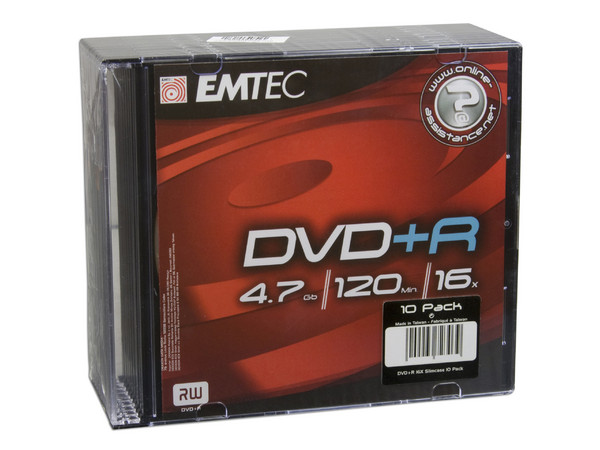 Paquete de 10 DVD+R EMTEC de 4.7GB / 16X en caja Slim